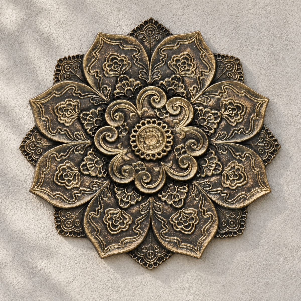 Art Decor Produktbild final 2026-09-24 | B998 | Steinguss-Wandornament Blüte, Bronzeoptik, Ø 36 cm
