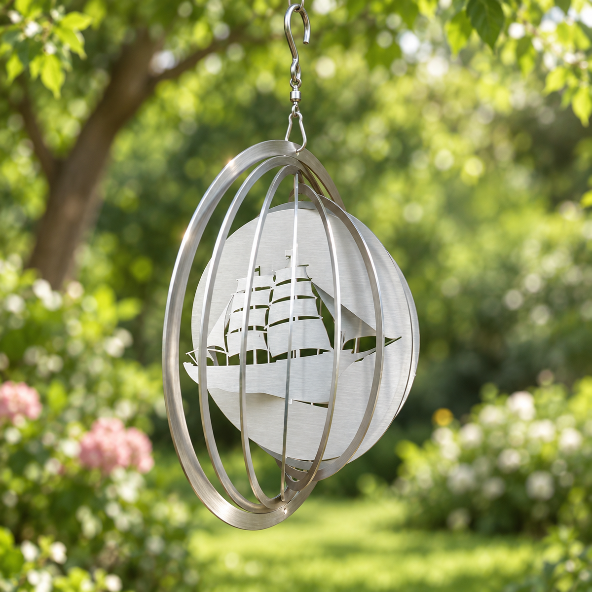 Art Decor Produktbild final 2026-09-24 | K007 | Edelstahl-Windspiel Schiff 3, Ø 20 cm