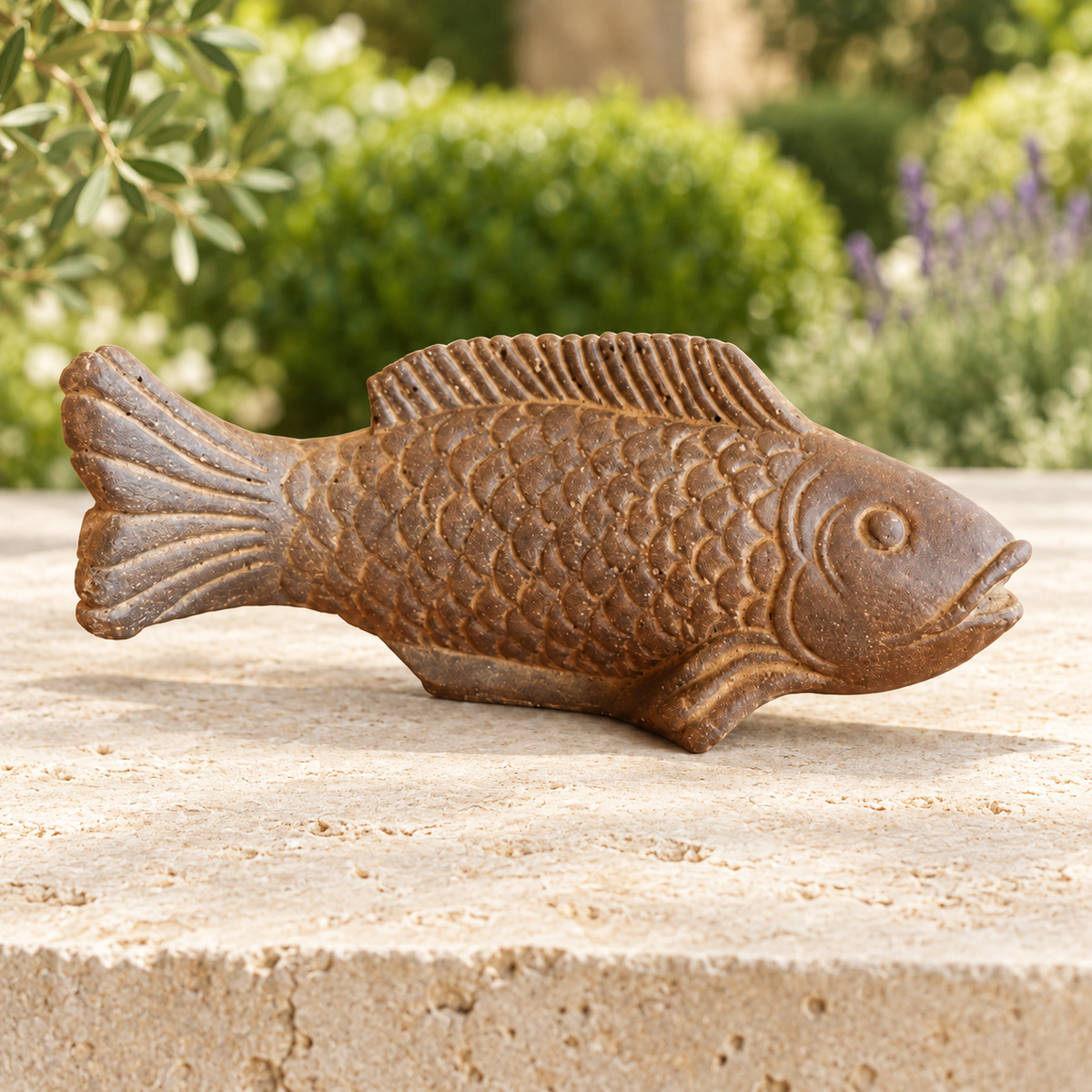 Art Decor Produktbild final 2026-09-24 | P-Fish-040 | Fisch 40 auf kleinem Sockel Steinguss Asien