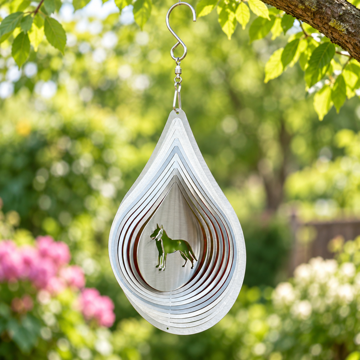 Art Decor Produktbild final 2026-09-24 | T005 | Edelstahl-Windspiel Tropfen Schäferhund, 18 × 13 cm