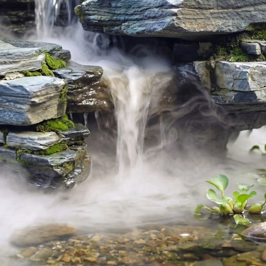 Nebler: Nebel über Wasserfall und Teich