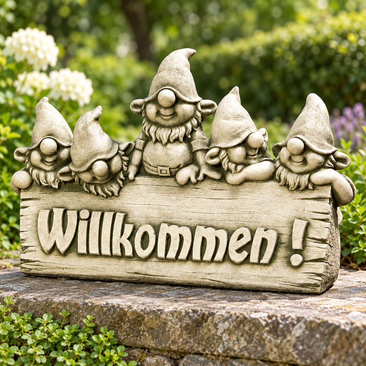 Art Decor Produktbild final 2026-09-24 | G1009 | Steinguss-Willkommensschild mit Zwergen, 43 × 13 × 29 cm