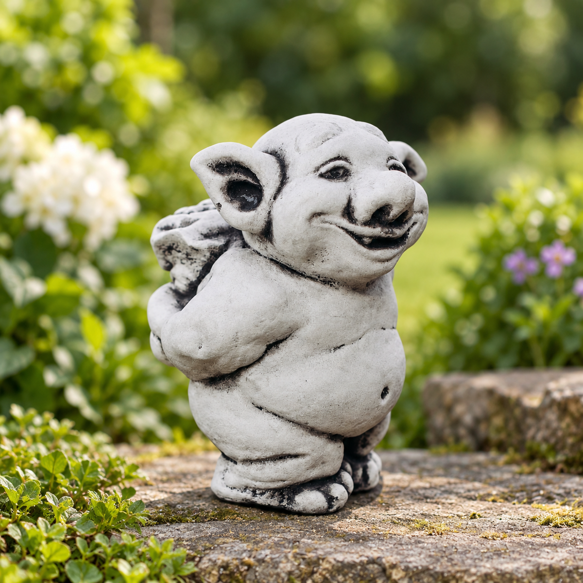 Art Decor Produktbild final 2026-09-24 | G560 | Steinguss-Gartenfigur Troll mit Blumen