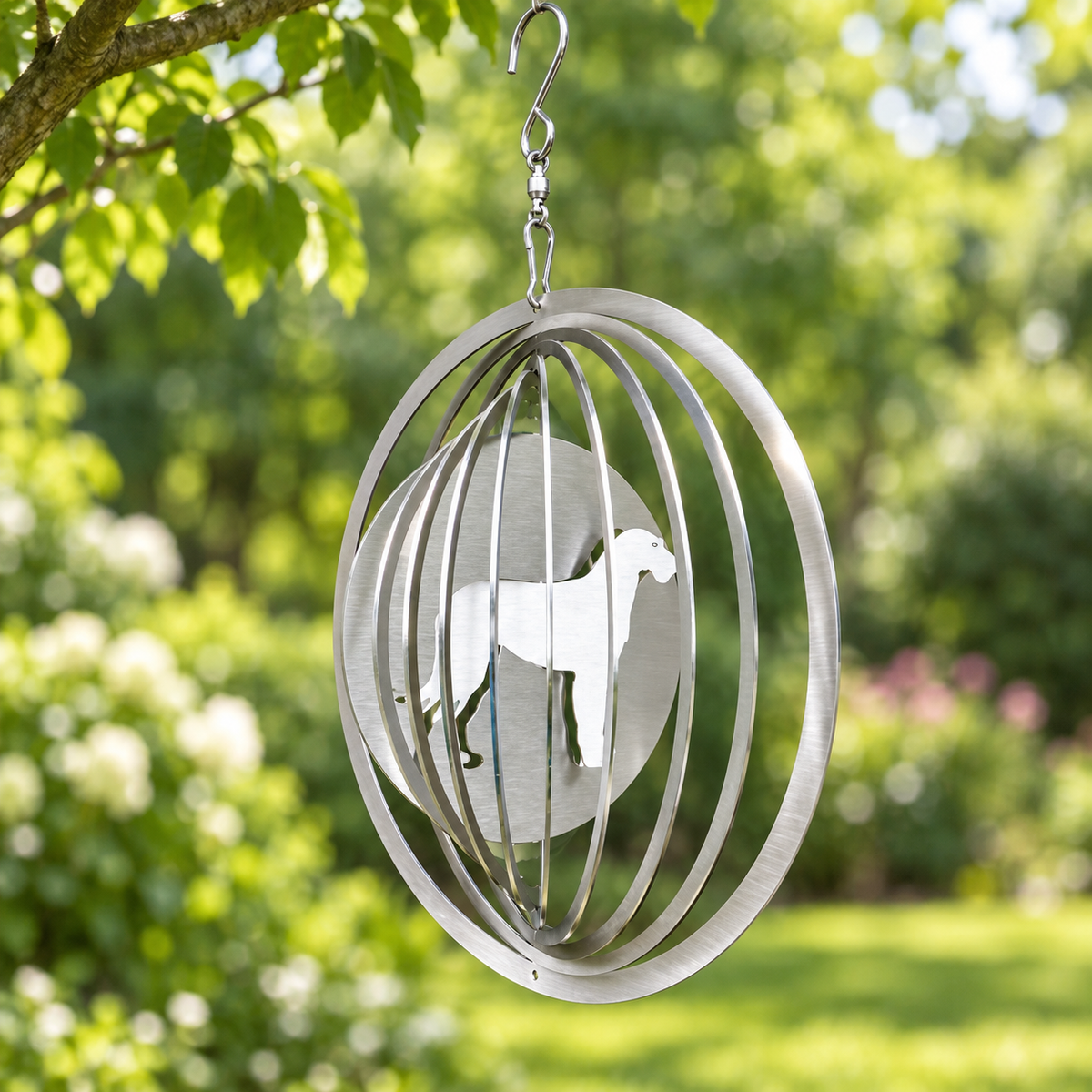 Art Decor Produktbild final 2026-09-24 | K009 | Edelstahl-Windspiel Hund, Ø 20 cm
