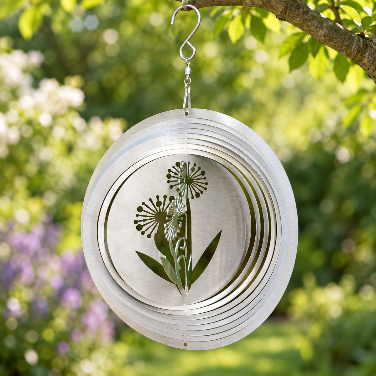 Art Decor Produktbild final 2026-09-24 | K011 | Edelstahl-Windspiel Pusteblume, Ø 20 cm