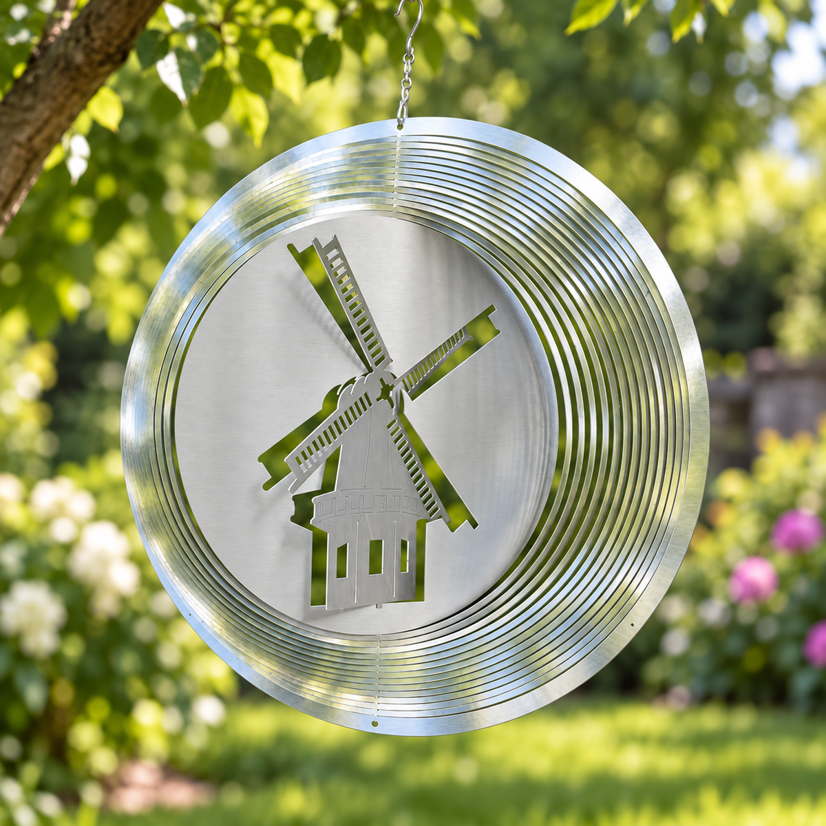 Art Decor Produktbild final 2026-09-24 | KS003 | Edelstahl-Windspiel Kreis Windmühle groß, Ø 39 cm