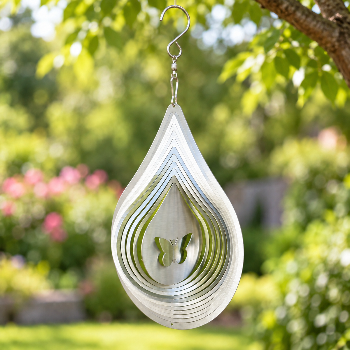 Art Decor Produktbild final 2026-09-24 | T004 | Edelstahl-Windspiel Tropfen Schmetterling, 18 × 13 cm