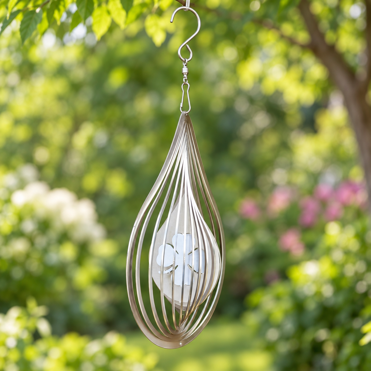 Art Decor Produktbild final 2026-09-24 | T006 | Edelstahl-Windspiel Tropfen Kleeblatt, 18 × 13 cm